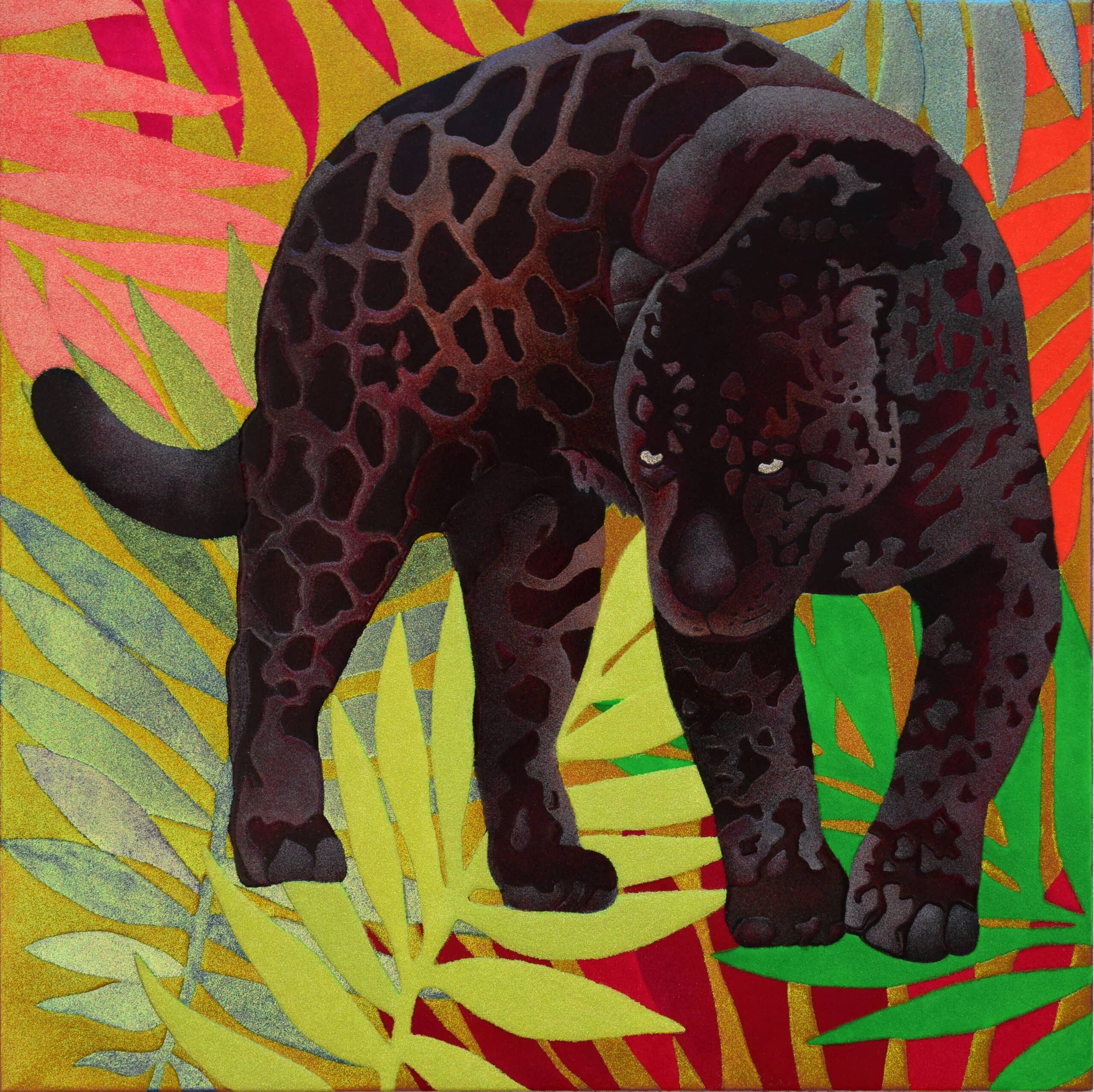 Black Leopard Glitter Resin On Canvas 100 X 100 cm