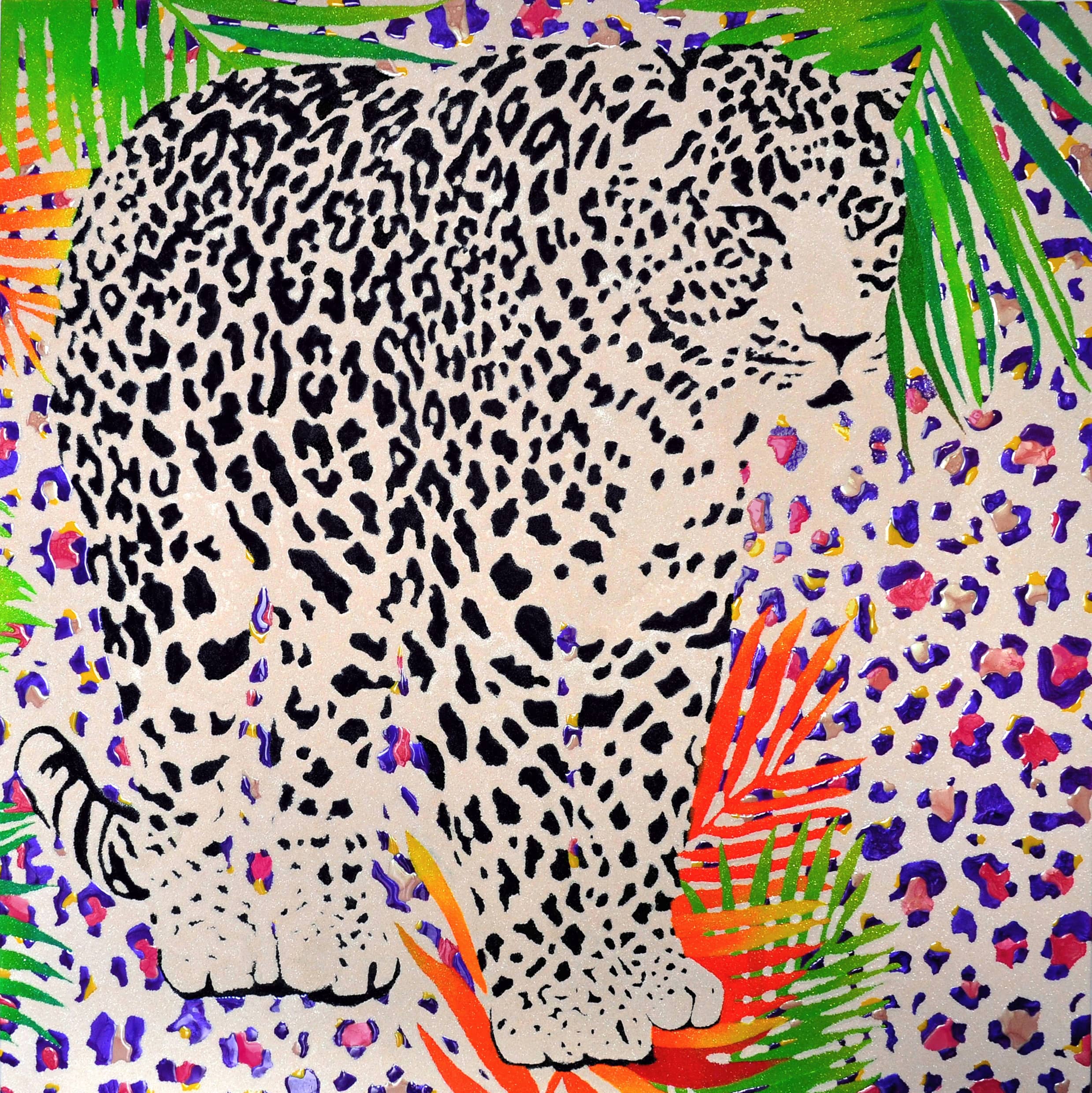 White Leopard On A White Background Glitter On Canvas 100 X 100 cm